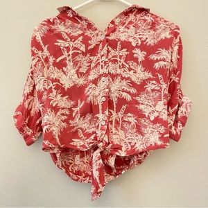 American Eagle Cropped, Baggy, Button-Up Shirt, Hawaiian, XS, Pink